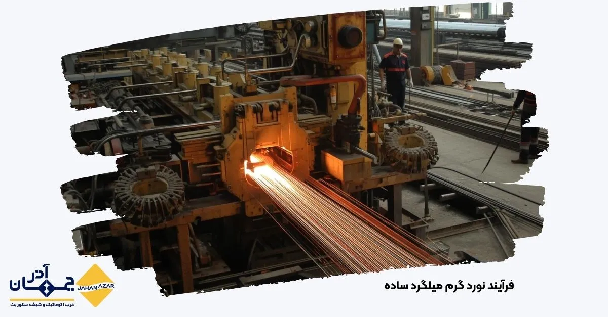 کوره نورد گرم و عبور شمش فولادی از غلتکها برای تولید میلگرد ساده در کارخانه فولاد