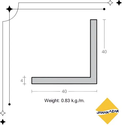 نقشه ابعادی نبشی آلومینیومی 40×40 با ضخامت 4 میلیمتر و وزن 0.83 کیلوگرم بر متر